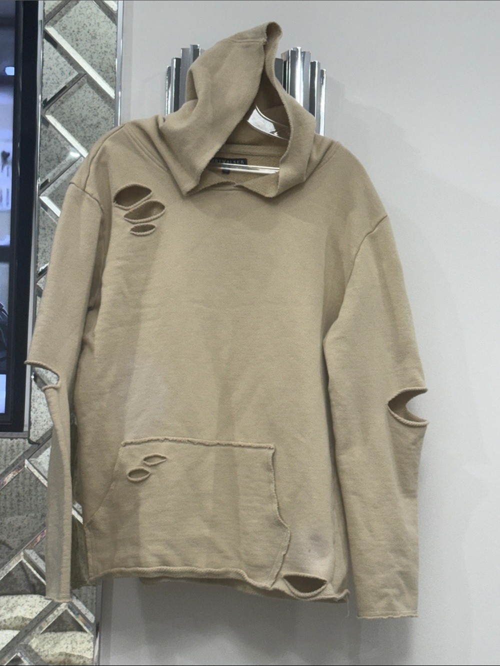 Distressed Beige Hoodie with Cutout Details